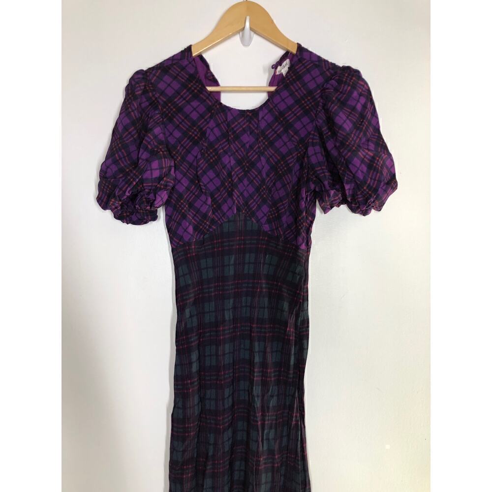RAHI Cher Dress Short Puff Sleeve Keyhole Maxi Purple Green Mixed Plaid Medium - Picture 9 of 15
